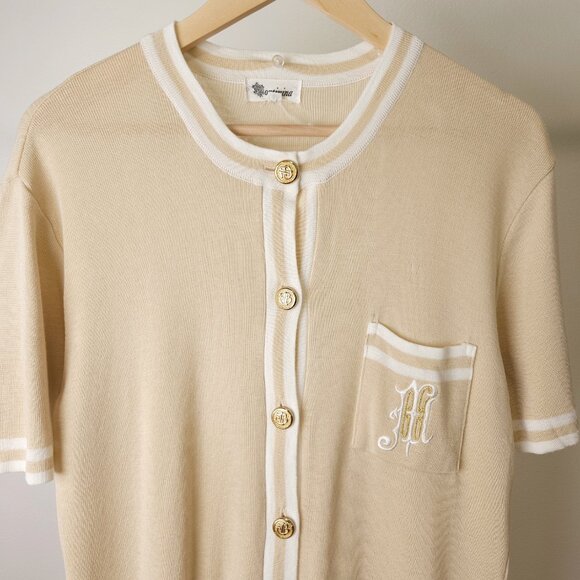Vintage linen blend knit short set beige/ short sleeve knit cardigan two piece - Picture 9 of 12